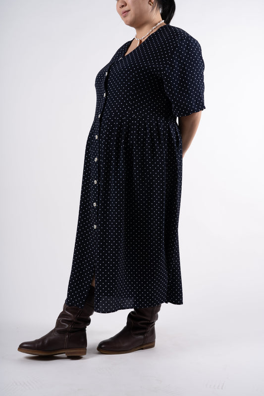 Polka Dotted Navy Button-Up Dress - 2X
